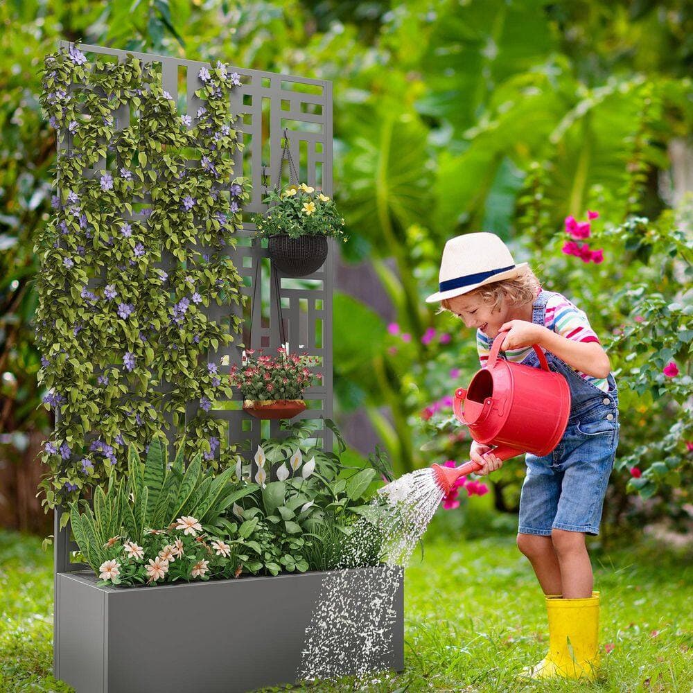 Dovelina 35 in. x 71 in. Grey Metal Iron Planter Box with Attached Trellis for Climbing Vegetation (3)