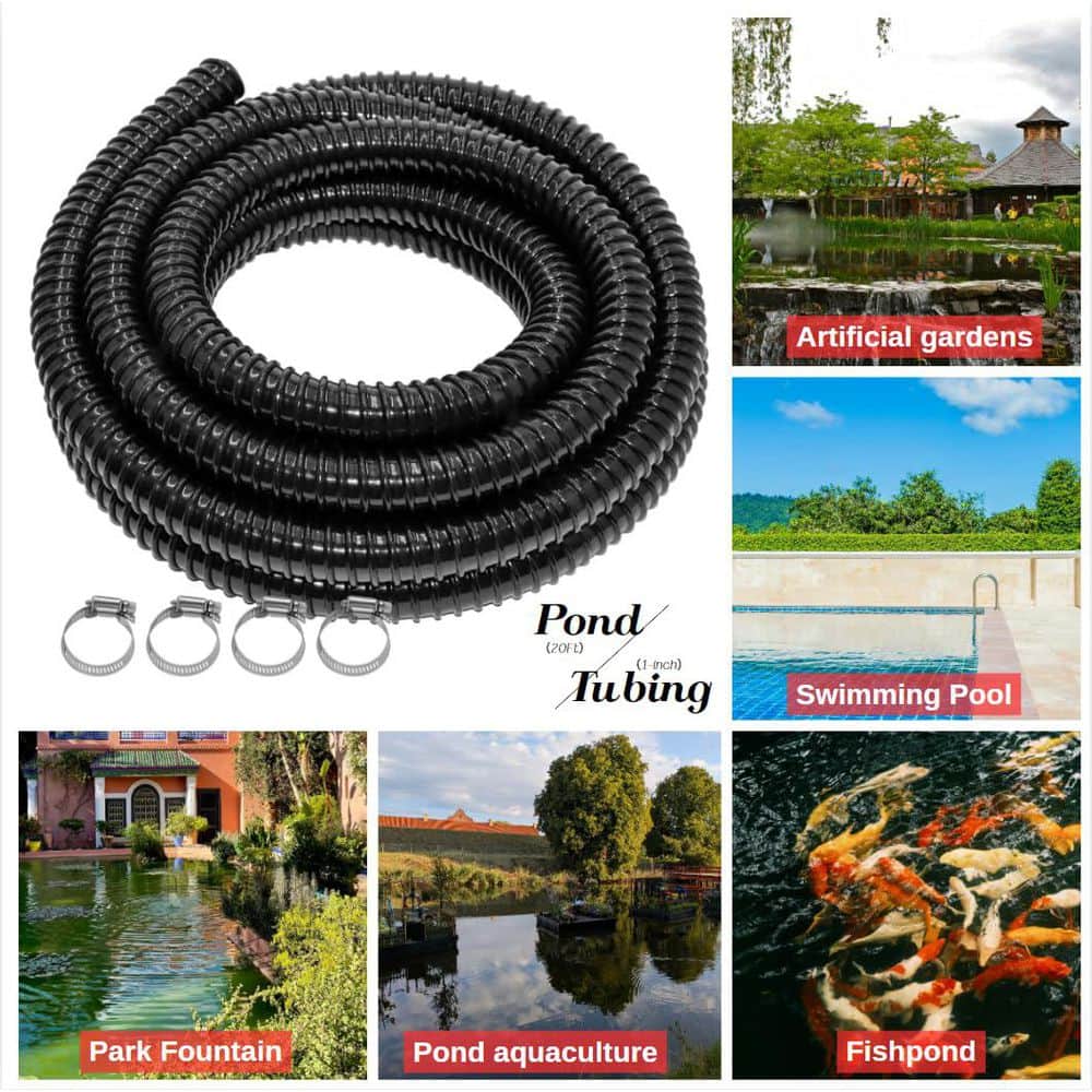 Helhom Pond Tubing Id 1 in. x 20 ft. Corrugated Drain Pipe Flexible Pond Hose with Clamps and Pipe Fittings for Pump Fountain (2)
