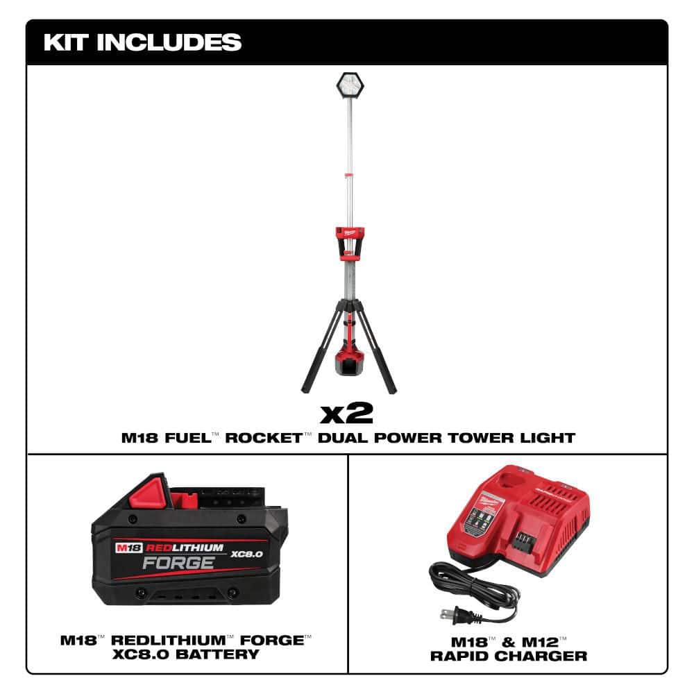 Milwaukee M18 18-Volt Lithium-Ion Cordless Rocket Dual Power Tower Light 2 Pack w/ FORGE 8.0 Ah Battery & Charger (2)