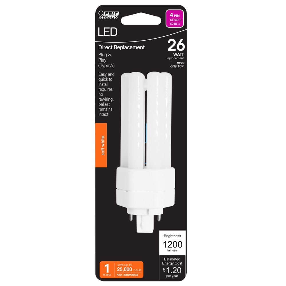 Feit Electric 26-Watt Equivalent PL TriTube CFLNI 4-Pin Plug-In GX24Q-3 Base CFL Replacement LED Light Bulb, Soft White 2700K (1-Pack) (3)