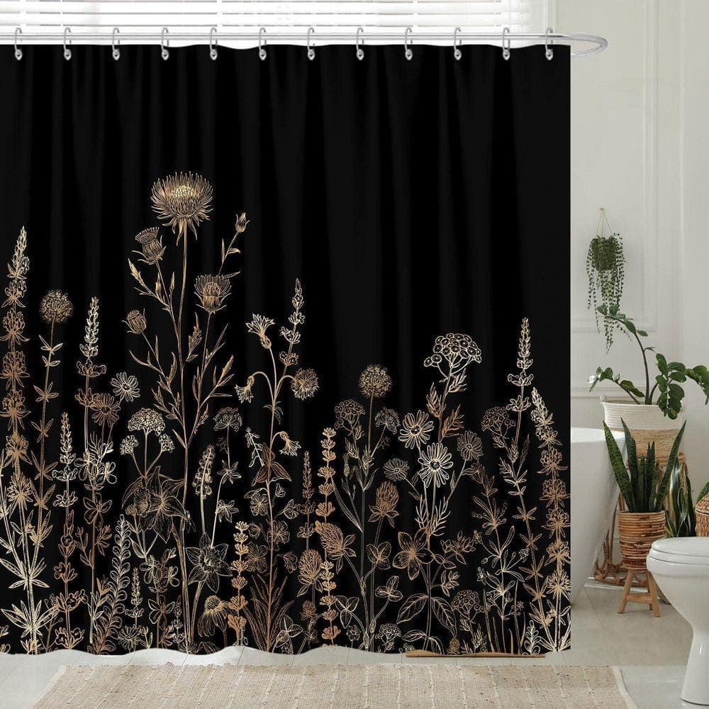 JFVKAF Vintage Black and Gold Boho Shower Curtain 72x84 Floral Aesthetic Dark Wildflower Botanical Bathroom Decor with Fabric (3)