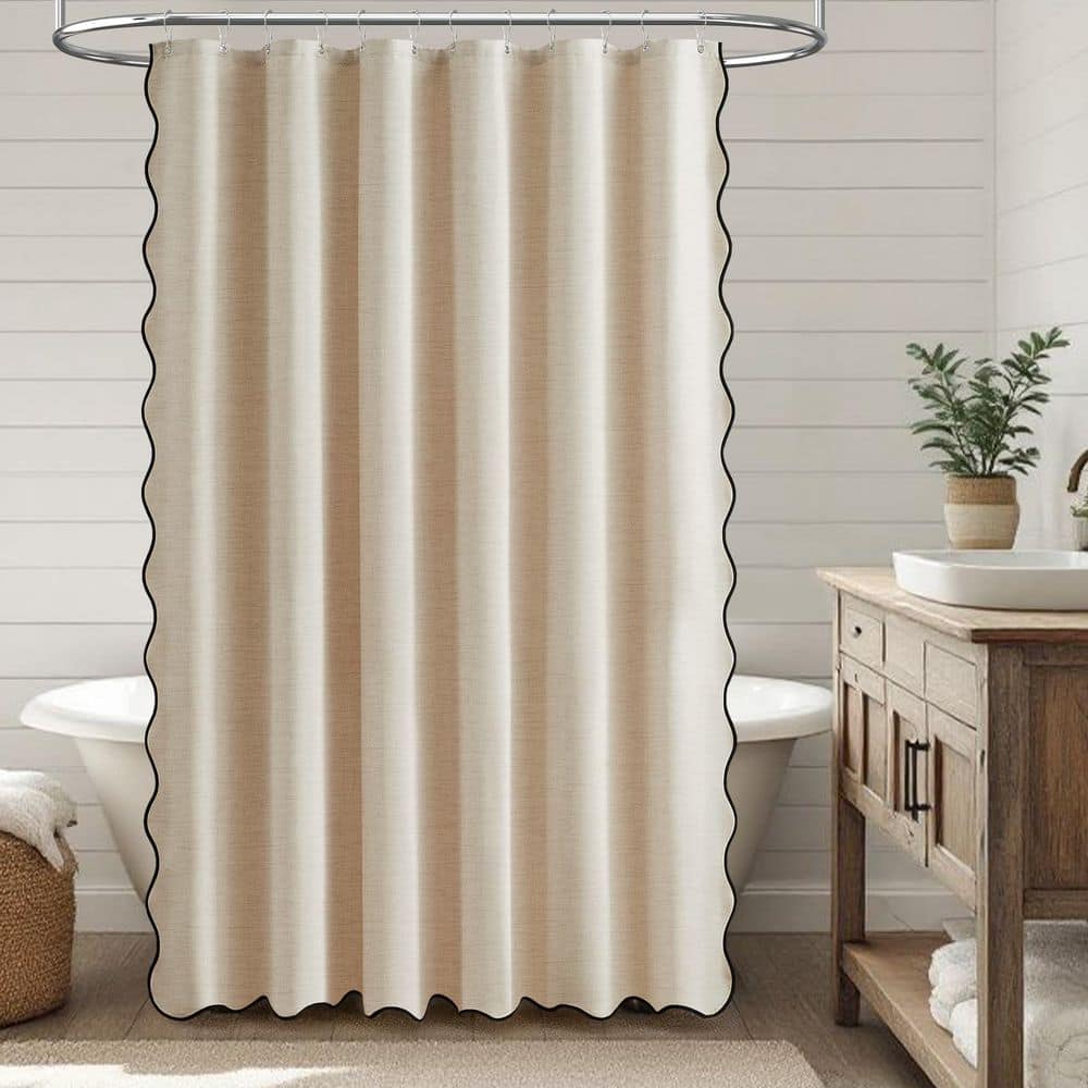 Anqtovp 72 in. W x 96 in. L Polyester Shower Curtain in Beige Cream Linen Texture Waterproof Scalloped Edge Set (3)