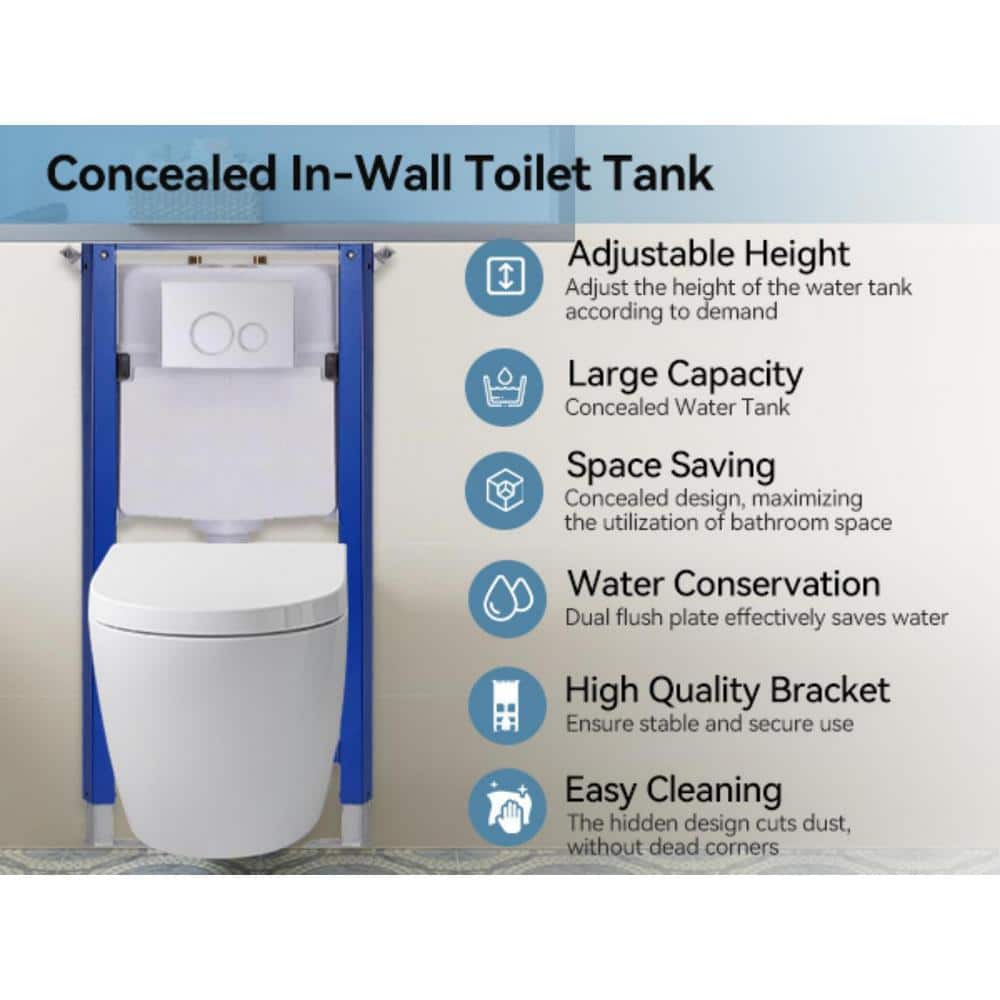 HOROW 1.1/1.6 GPF Dual Flush Elongated Wall Hung Toilet Combo in White with Concealed In-Wall Toilet Tank, Flush Plate (3)