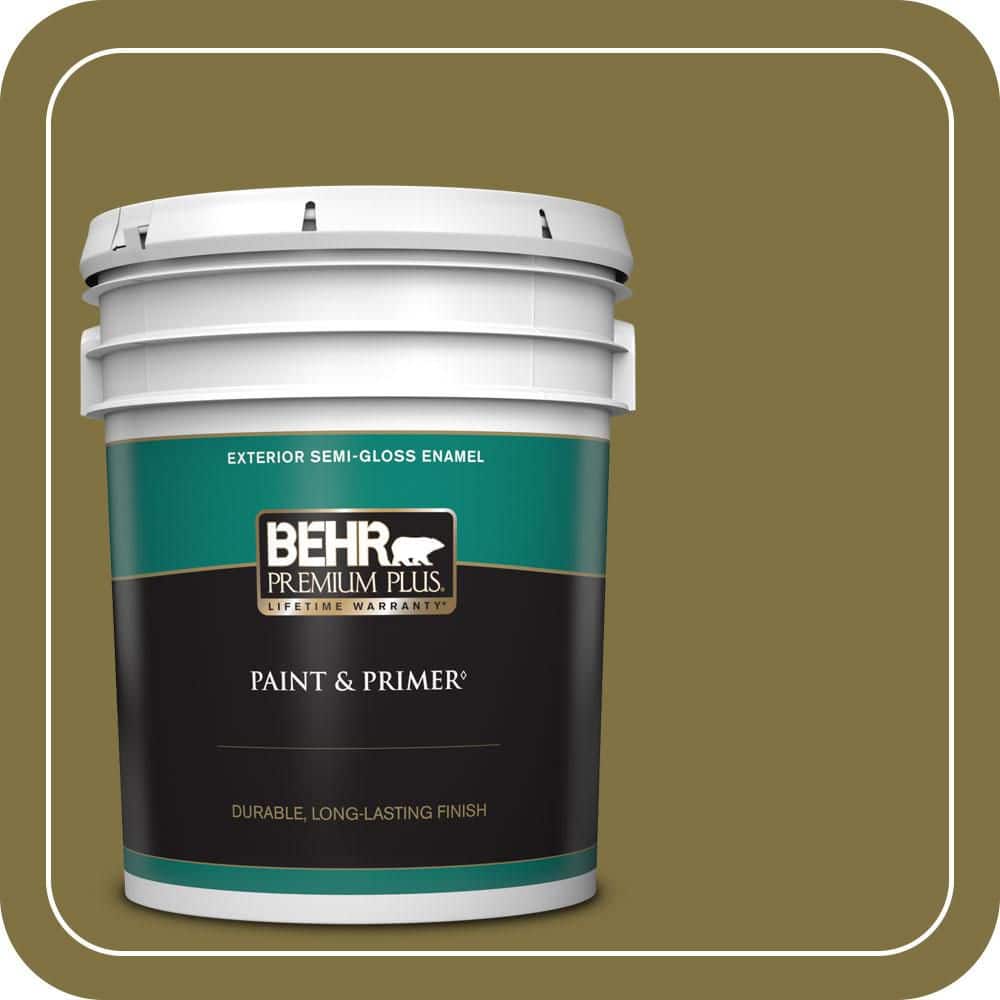 BEHR PREMIUM PLUS 5 gal. #S-H-390 Italian Olive Semi-Gloss Enamel Exterior Paint & Primer