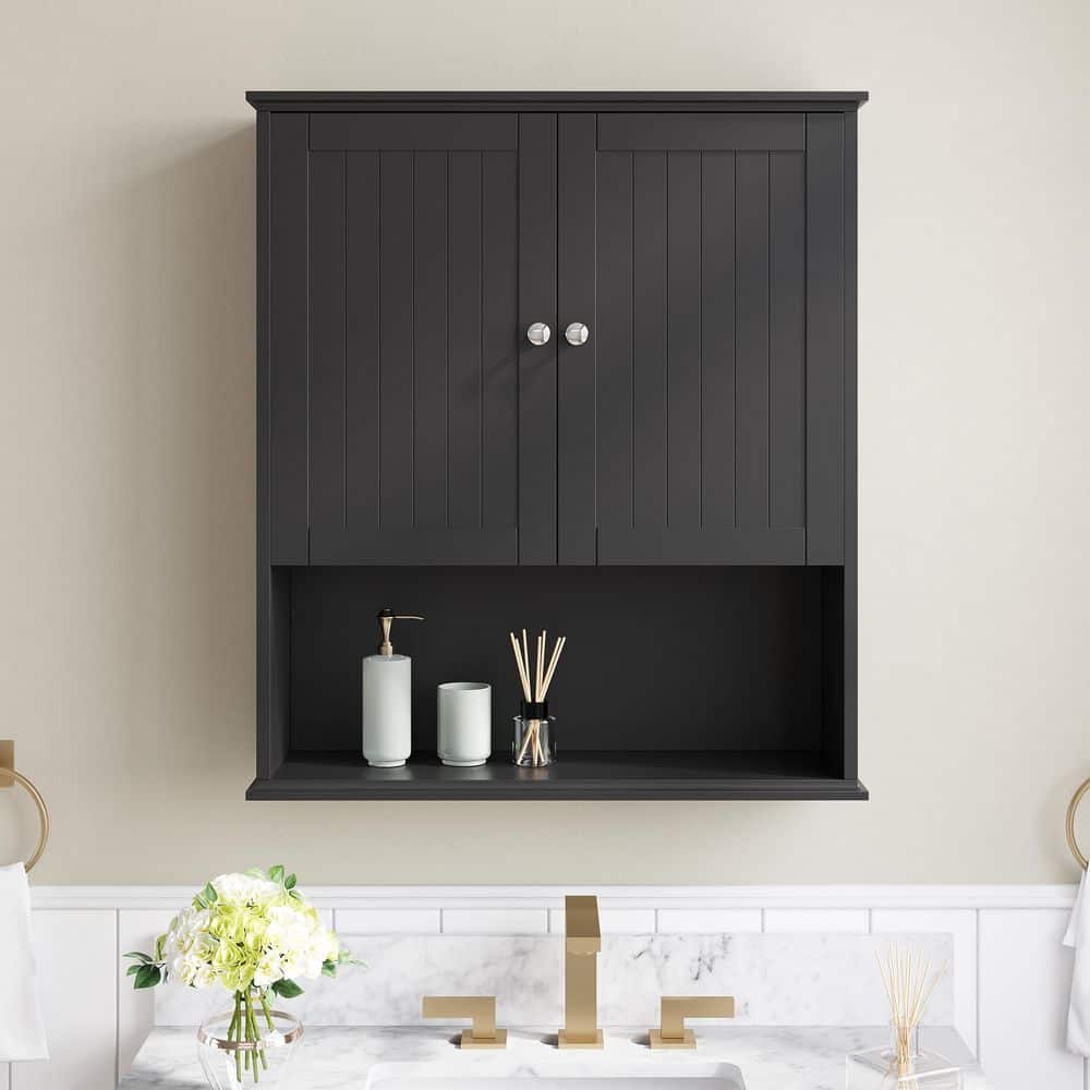 ANGELES HOME 26 in. W x 8 in. D x 29.5 in. H Bathroom Storage Wall Cabinet in Black with Adjustable Shelf and Soft-Closing Hinges