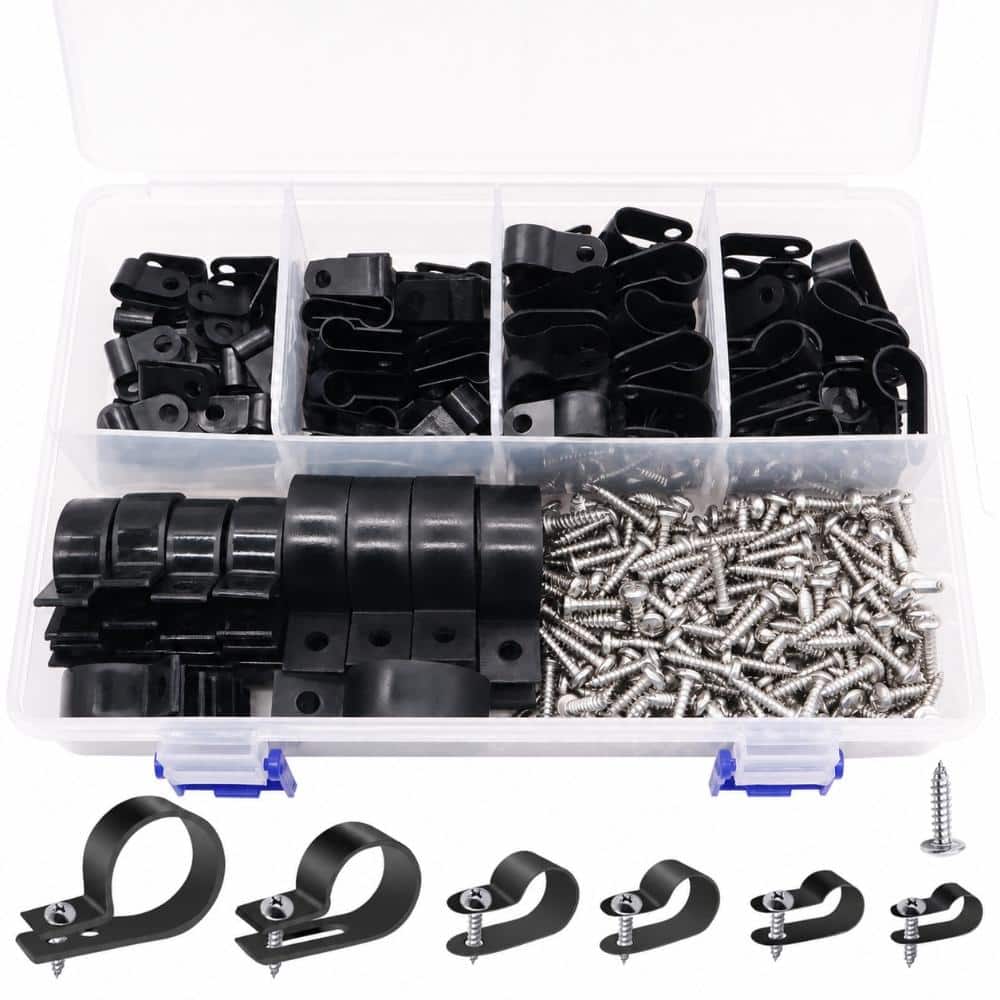 Unbranded 306-Piece Nylon R-Type Cable Clips Assortment with Steel Screws, 6 Sizes 3/16 to 1 in for Wire Routing