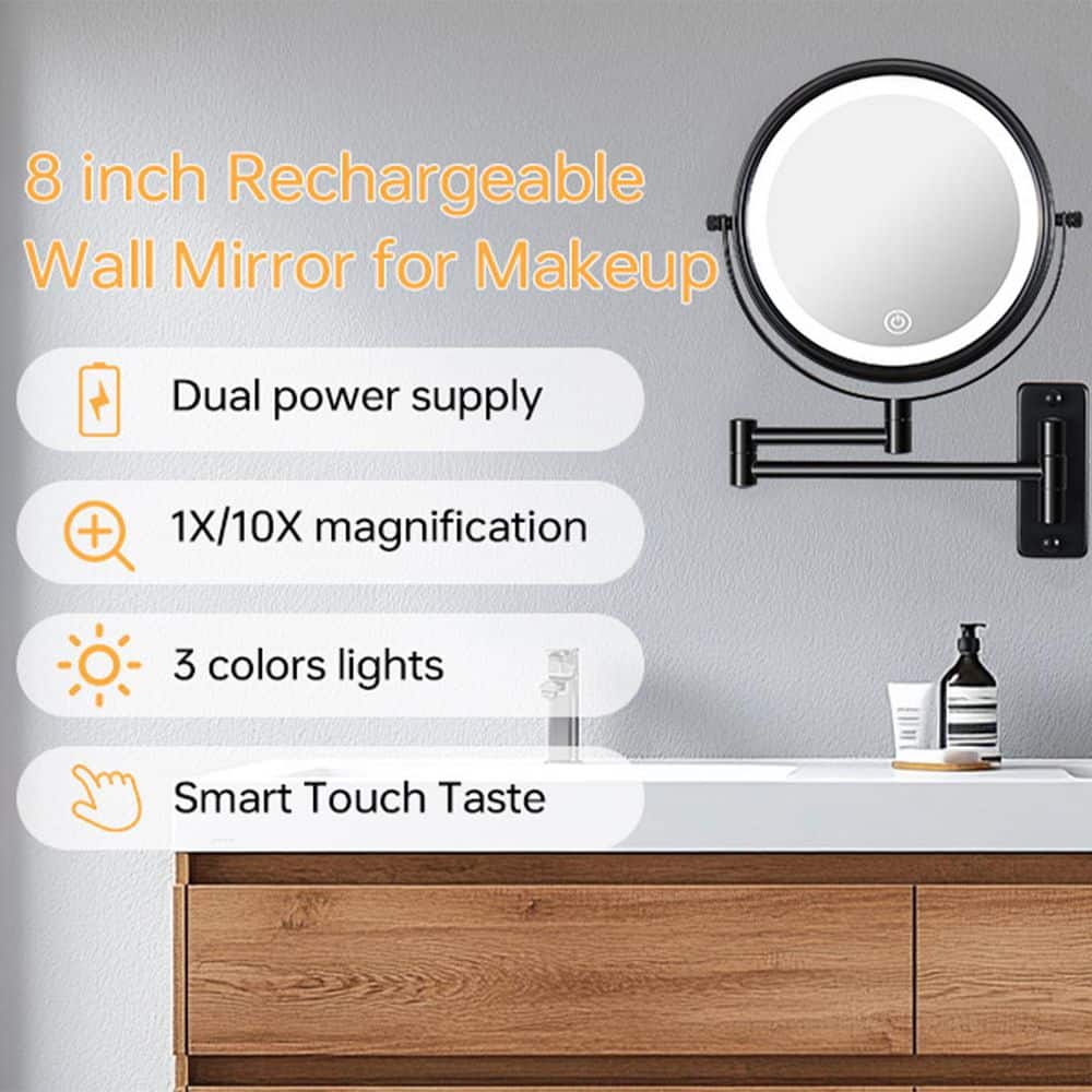 INSTER LED Lighted 8 in. W x 8 in. H Round 2 Side 1x/10x Magnifying Wall Bathroom Makeup Mirror in Matte Black (Type-C Charge) (2)