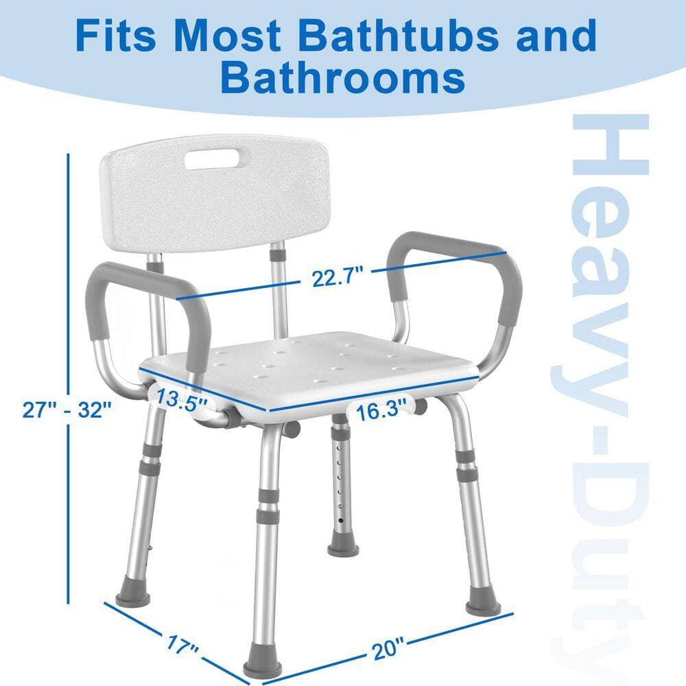 Wudkey 21.5 in. W Adjustable Height Heavy Duty Shower Chair with Arms & Back Aluminum/HDPE Shower Seat in White (2)