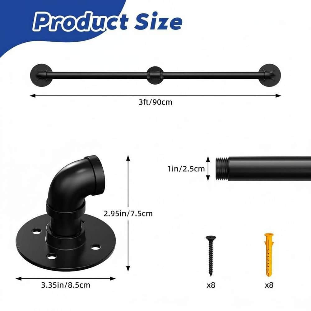 Unbranded 3 ft. Black Galvanized Wrought Iron Handrail Indoor Outdoor Stair Railing Wall Mount Safety Bar Vintage Style (3)