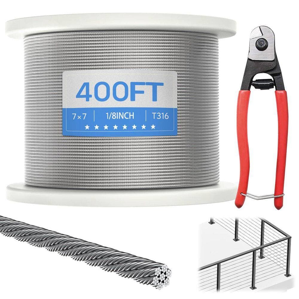 Afoxsos Stainless Steel Silver Cable with Cutter T316 Marine Grade 7 x 7 Strand 400 ft. 1850 lbs. Breaking Strength (1-Pack) (2)