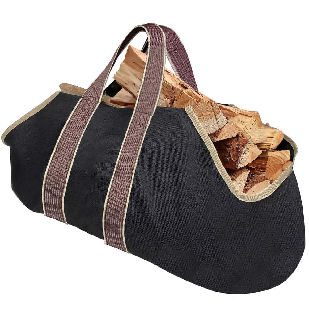 Angel Sar Black Spacious Canvas Tote Bag for Indoor Fireplace, Outdoor Woodpile Organization & Efficient Firewood Hauling (1)