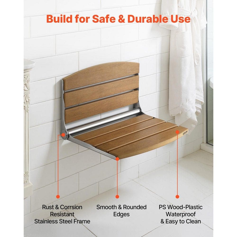 VEVOR Foldable Shower Seat Wall Mounted, 17.7 in. Bench with Backrest, Bathroom Corridor Seat, Metal Frame, 400 lbs. Capacity (3)