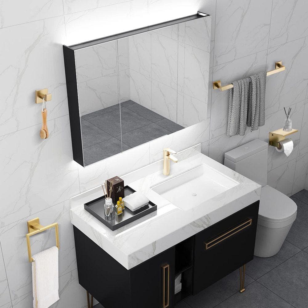 Lynzavix 4-Piece Bathroom Hardware Set with Towel Bar Toilet Paper Holder Shelf and Accessories in Brushed Gold Finish (2)