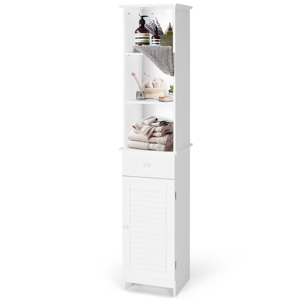 Bunpeony Tall Bathroom Linen Cabinet, 1 Drawer + 1 Cupboard + 3 Open Shelves, 2 Adjustable Shelves, Wall Anchor, Waterproof MDF (1)