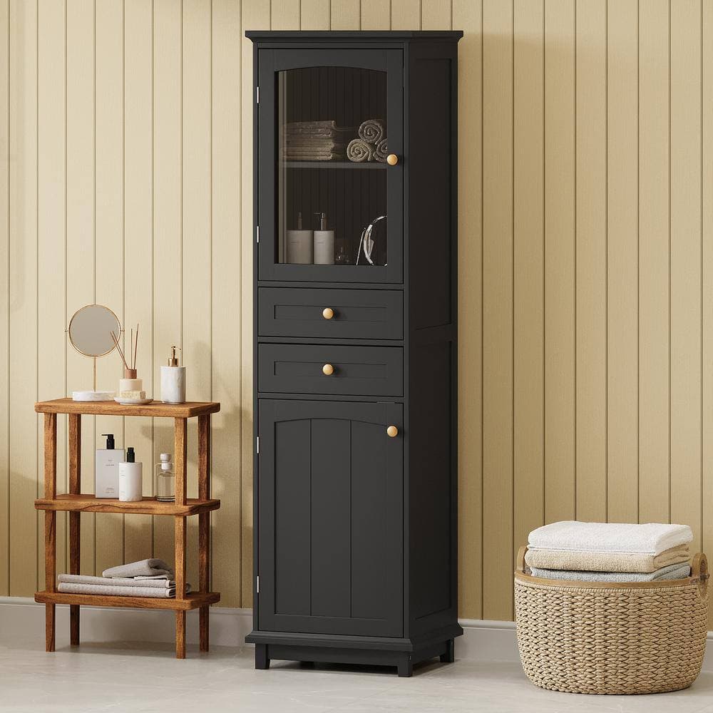 YSQCAR 18 in. W x 14 in. D x 63 in. H Black MDF Freestanding Linen Cabinet with Glass Door, 2-Drawers (2)