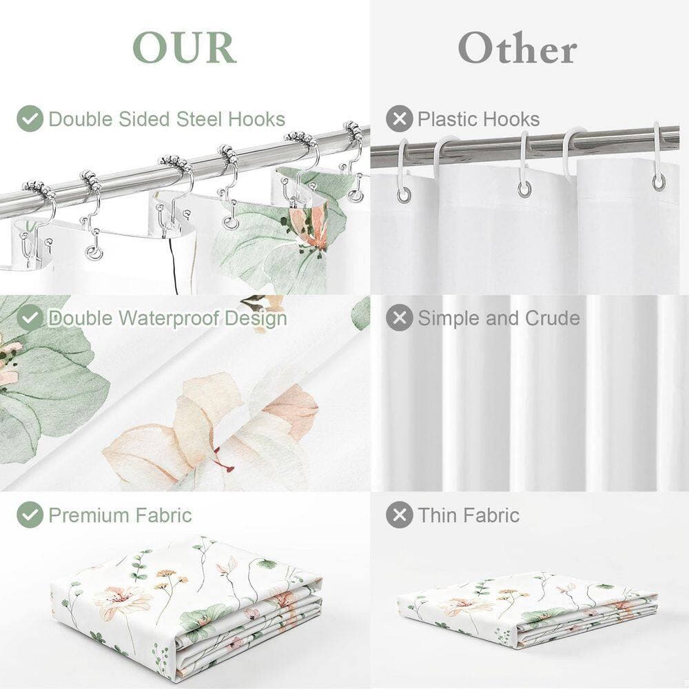 Anqtovp 72 in. W x 72 in. L Polyester Shower Curtain Set in Sage Green Watercolor Floral with PEVA Liner and Hooks (2)