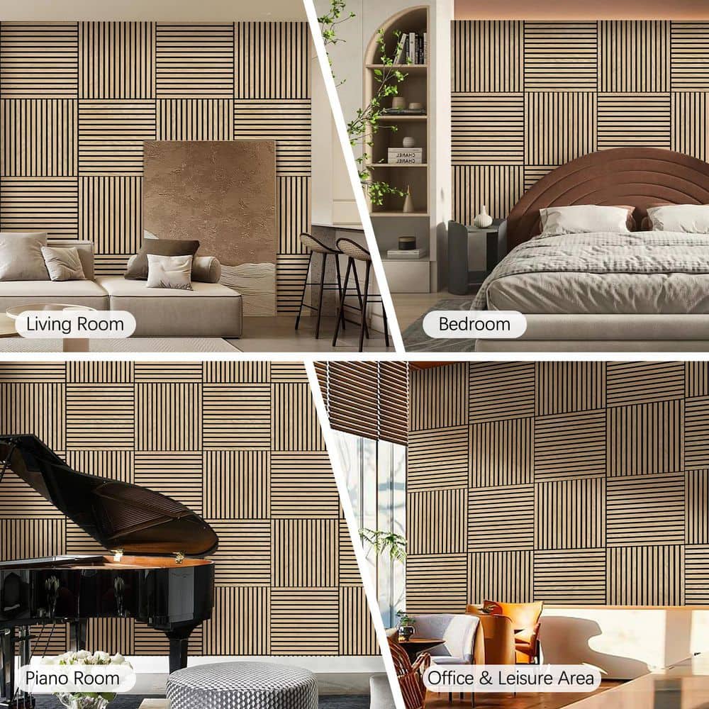 Owndeign 0.7 in.x 23.6 in. x 23.6 in. Beige Wood Slat Acoustic Panels, MDF Decorative Wall Paneling (4 Piece/15.5 sq. ft.) (3)