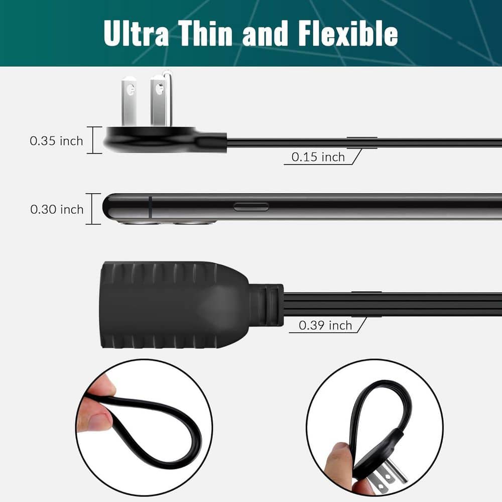 Unbranded 12 ft. 16 Gauge 3-Conductor 13A/125V Indoor Extension Cord with Flat Plug Space-Saving Low Profile Black (2)