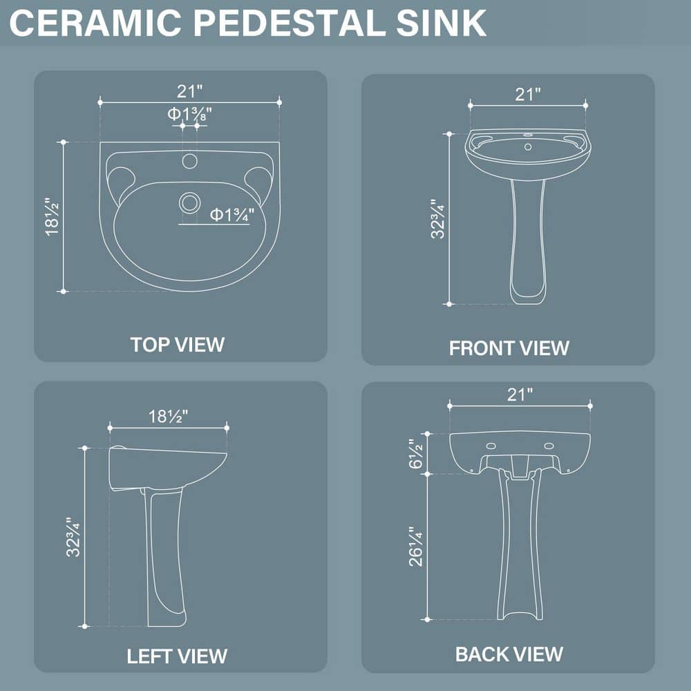 Kuomih 21 in. W x 18.5 in. D Novelty Pedestal Sink Pedestal Bathroom Sink Combo White Vitreous China With Single Faucet Hole (2)