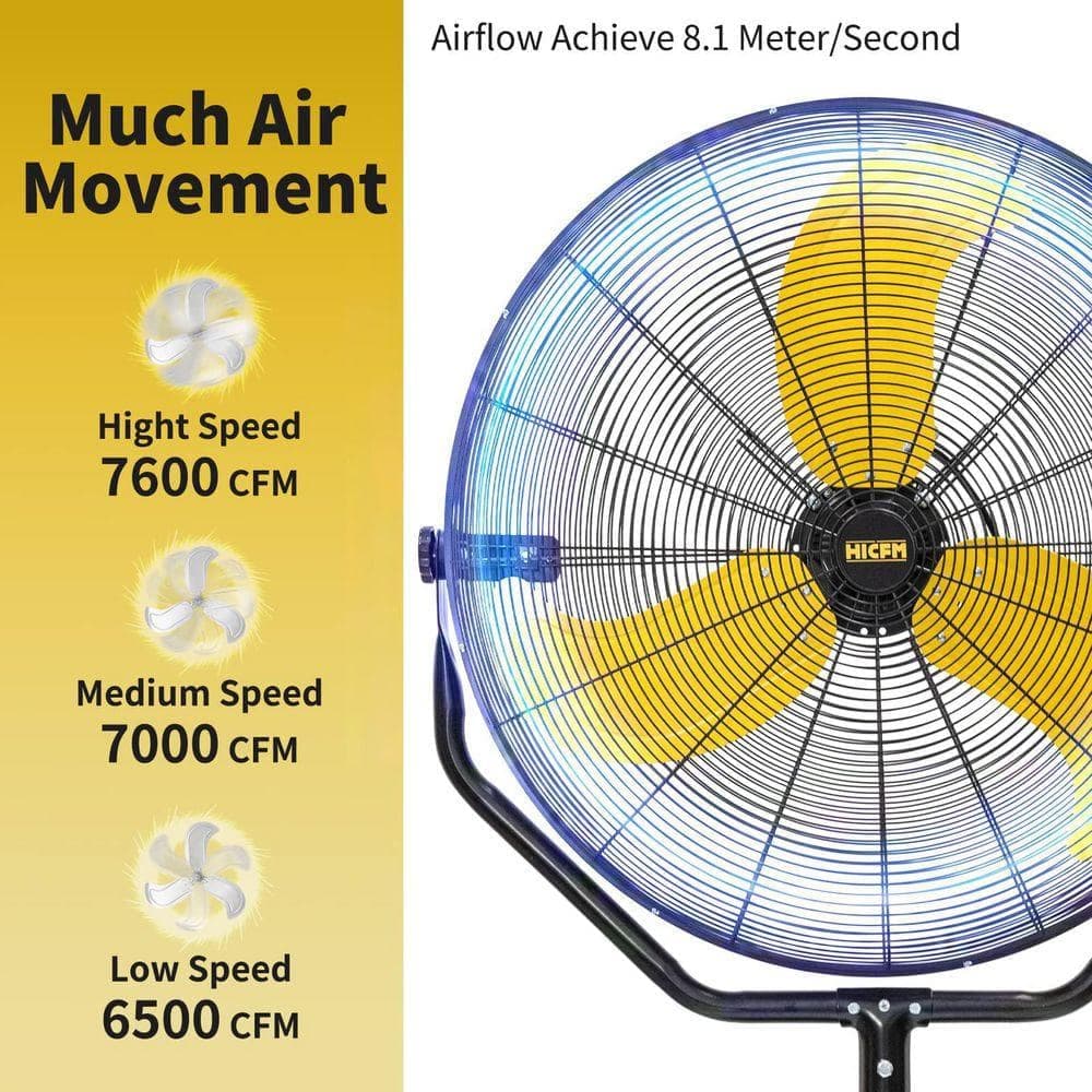 WOCK HICFM 30 in. Yellow Tilting Pedestal Fan, 3-Speed 7600 CFM High Velocity, 1/3 HP Motor for Commercial, Garage, UL Listed (3)