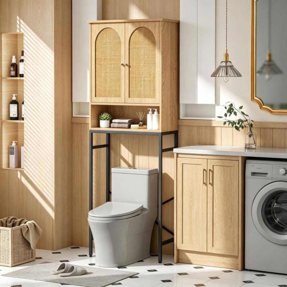 Whatseaso 23.6 in. W x 68.9 in H x 9.8 in. D Wood in Beige Over The Toilet Storage Cabinet with Adjustable Shelf (3)