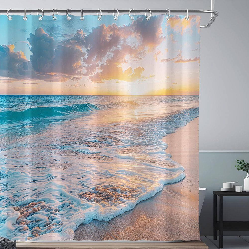 Anqtovp 72 in. W x 72 in. L Polyester Shower Curtain in Ocean Beach Coastal Nautical Sunset Waves Seascape Blue Set (2)