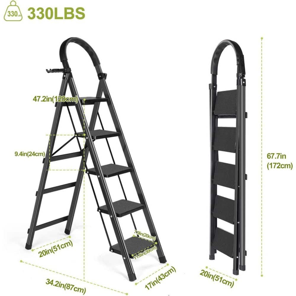WRIGHTMASTER 5-Step Iron Portable Step Stool (9 ft. Reach), 330 lb. Load Capacity, with a Shelf and Anti-Slip Wide Pedals (3)