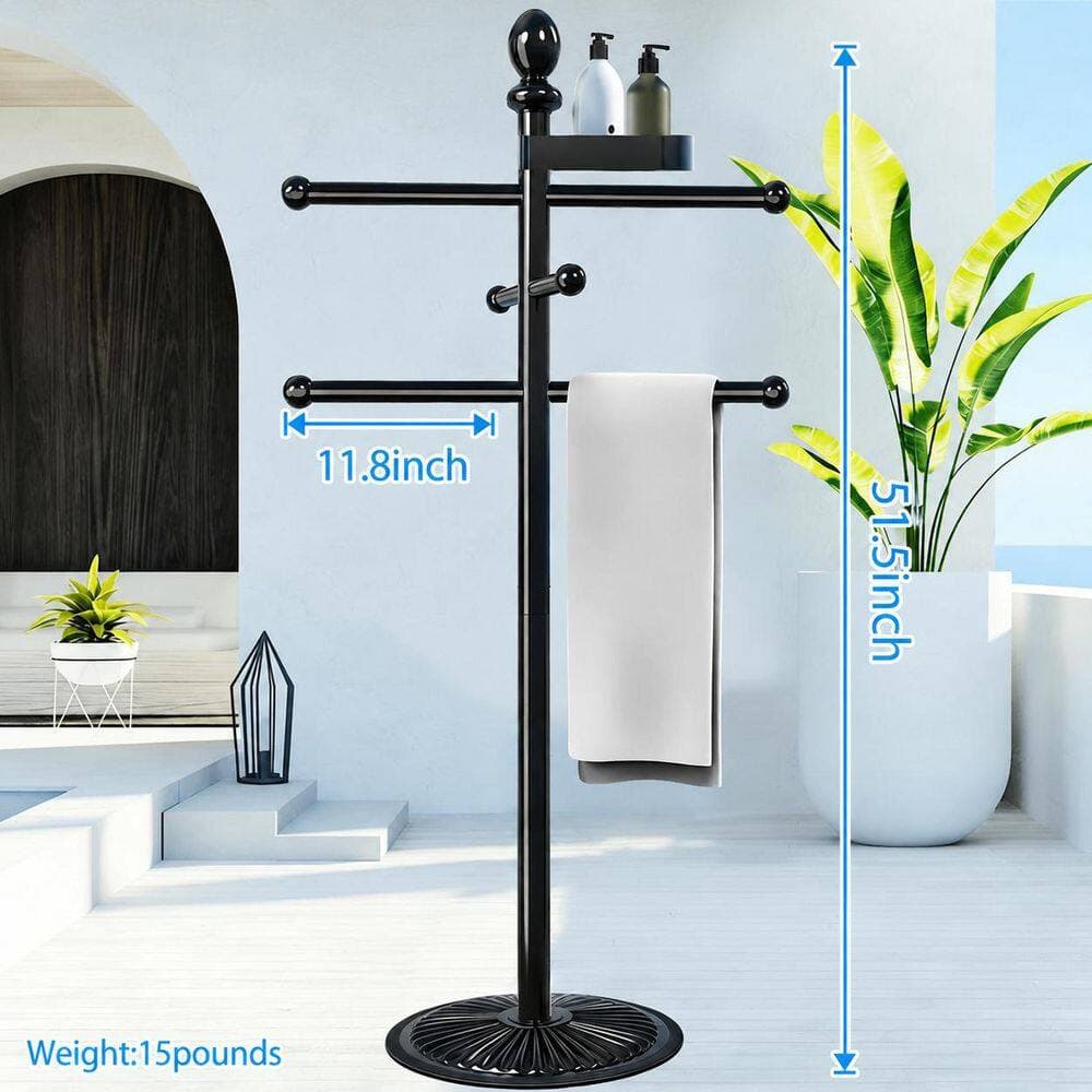 Anqtovp Towel Rack 6 Bars Towel Holder in Black with Top Tray for Pool Outdoor Hot Tub Heavy Duty Bath Accessories Stand (3)