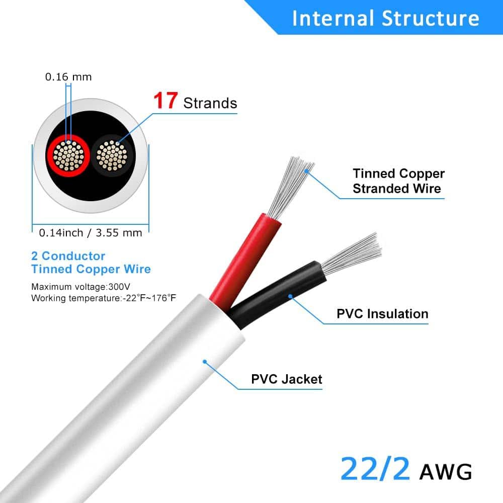 Unbranded 22 AWG 2 Conductor Electrical Wire 100 Ft White Stranded Tinned Copper Low Voltage PVC for LED Lamp Strip (3)