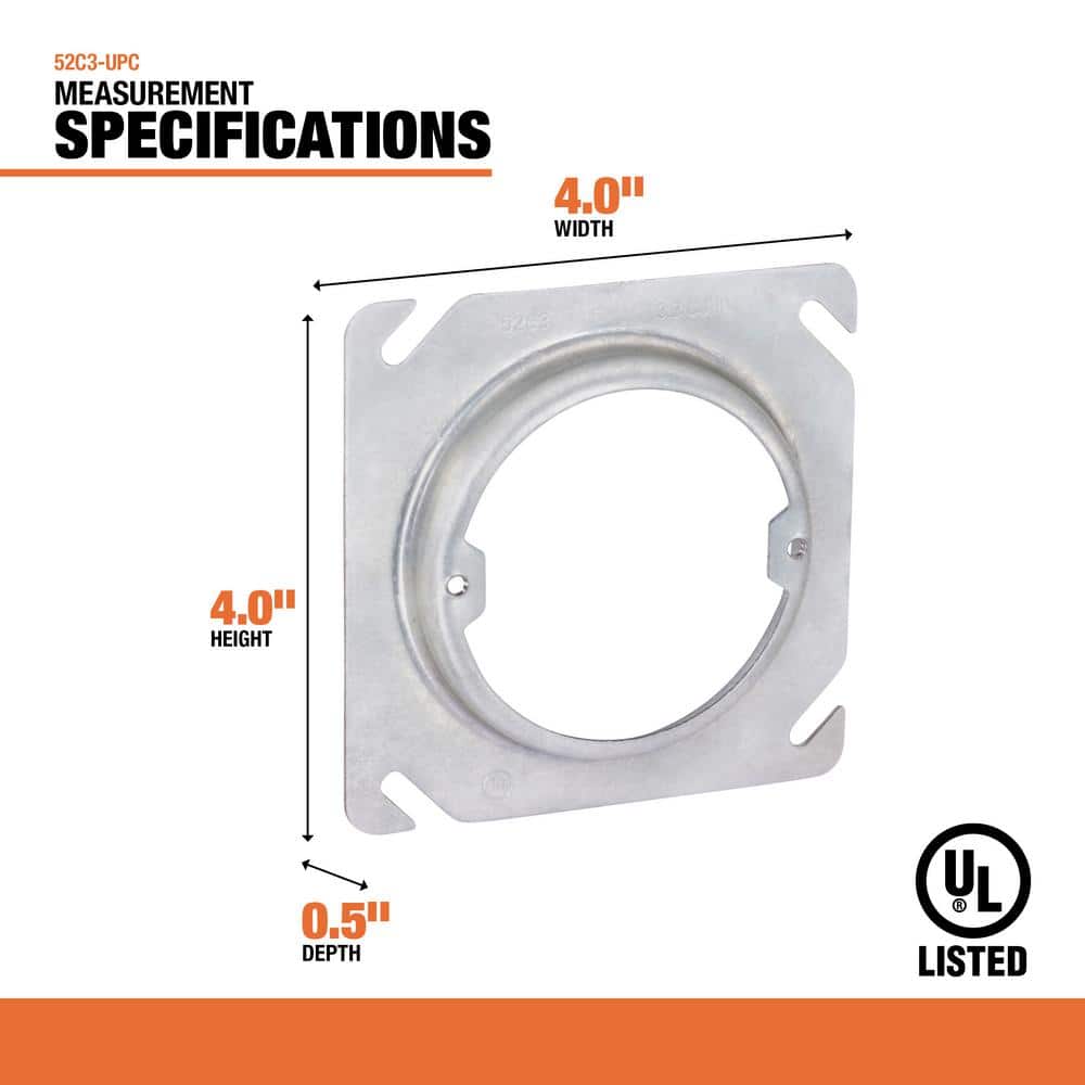 Southwire 4 in. W Steel Metallic Square Cover, Raised, 1/2 in. Open with Ears 2-3/4 in. OC (1-Pack) (3)