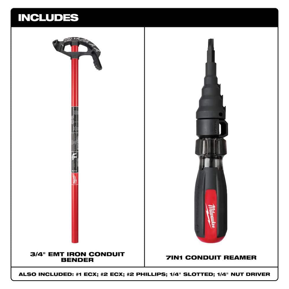 Milwaukee 3/4 in. Iron Conduit Bender and Handle with 7-in-1 Conduit Reaming Multi-Bit Screwdriver (2)