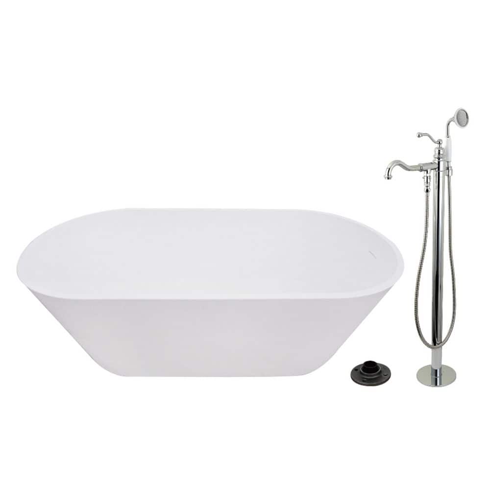 Kingston Brass Arcticstone 66.9 in. x 31.5 in. Surface White Stone Flatbottom Soaking Freestanding Bathtub in White/Polished Chrome (1)