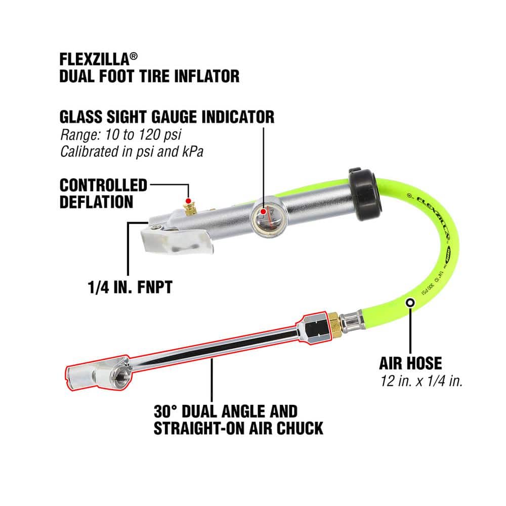 Flexzilla Dual Foot Tire Inflator with 12 in. Hose, Glass Sight Gauge, Deflator Control (2)