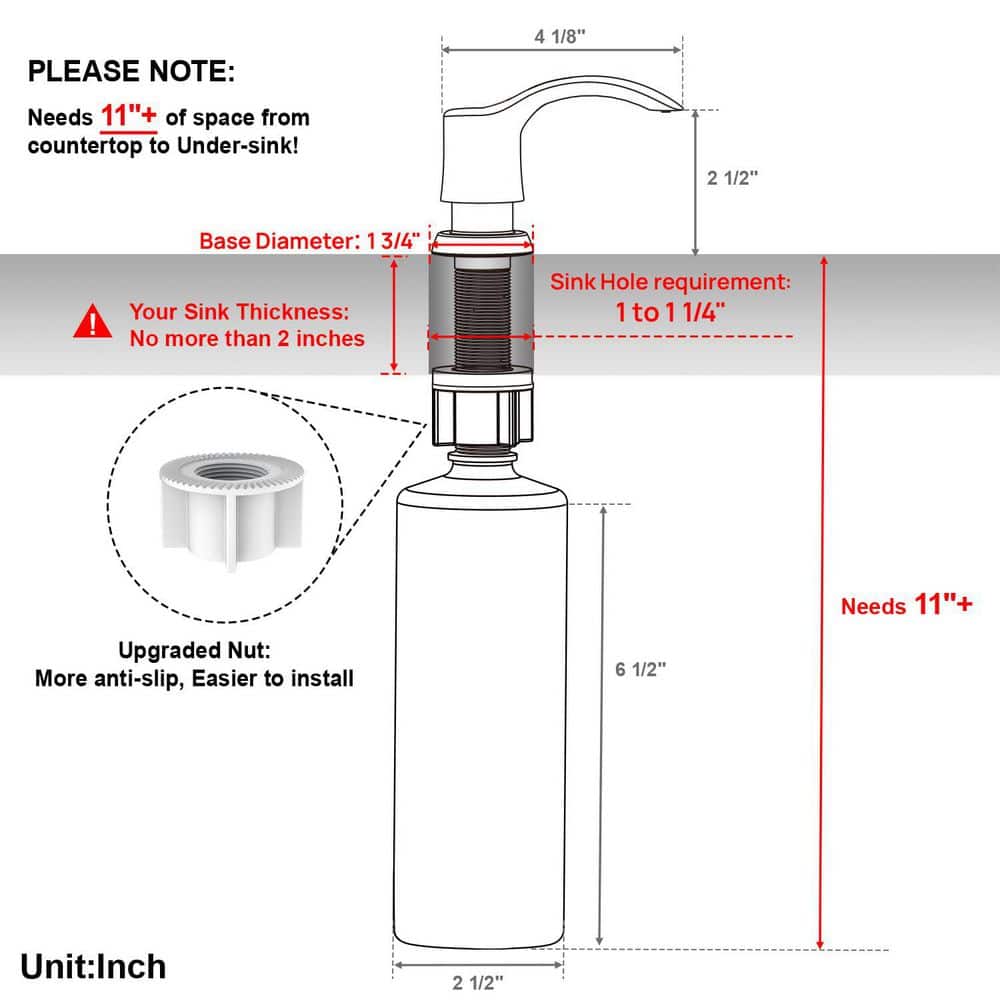 Wudkey Brushed Nickel Kitchen Sink Soap Dispenser with Large Bottle, Built in Sink Soap Dispenser Refill from Top (2)