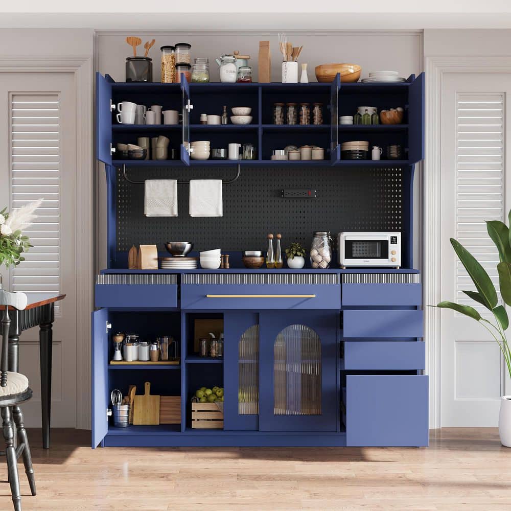 COWLOWN 63 in. W x 17.7 in. D x 74.8 in. H Blue Linen Cabinet with 6-Drawers, 5-Cabinets with Adjustable Shelves (1)