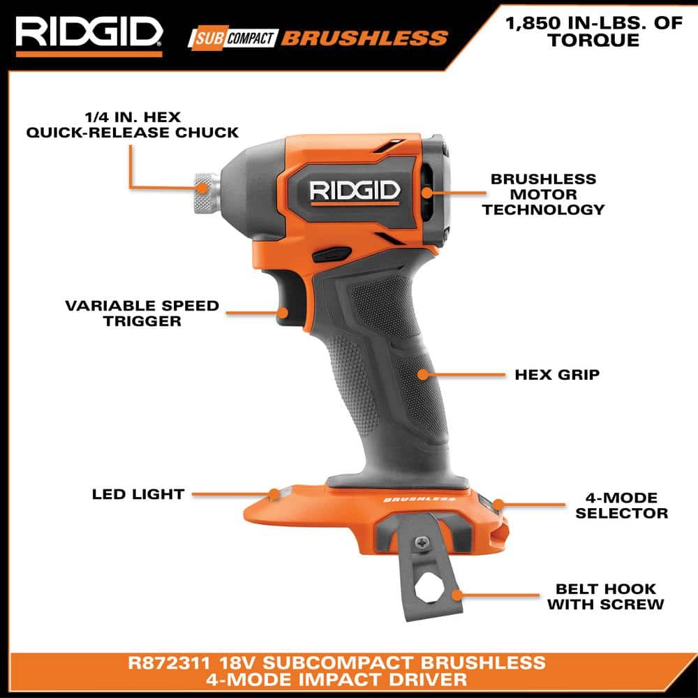 RIDGID 18V SubCompact Brushless Cordless Impact Driver Kit with 2.0 Ah Battery, Charger, and Tool Bag (3)