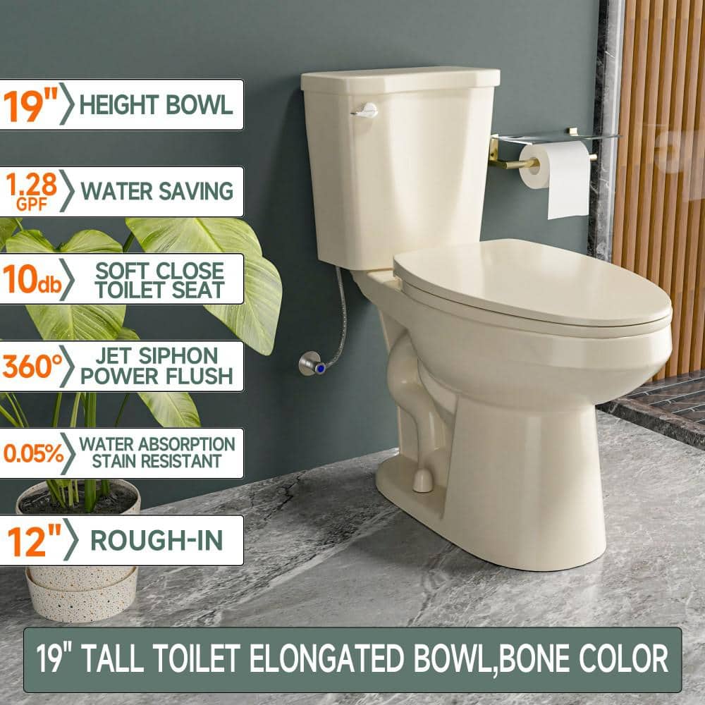 Vomlor 19 in.Tall 2-Piece Toilet 1.28 GPF Single Flush Elongated Toilet in Bone Map Flush 1000g with Soft Close Seat (2)