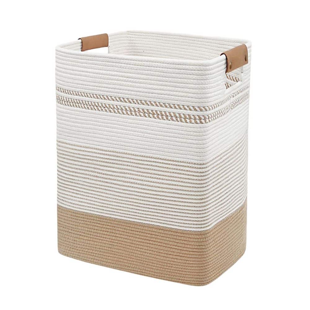 Wudkey 85L Jute and White Cotton Rope Woven Bathroom Laundry Hamper with Leather Handles for Dirty Bath Clothes Towels (1)