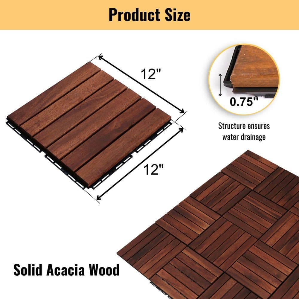 Unbranded 12 in. x 12 in. Piece Interlocking Striped Pattern Deck Tiles Square Acacia Hardwood Outdoor Flooring (20 per Case)Brown (3)