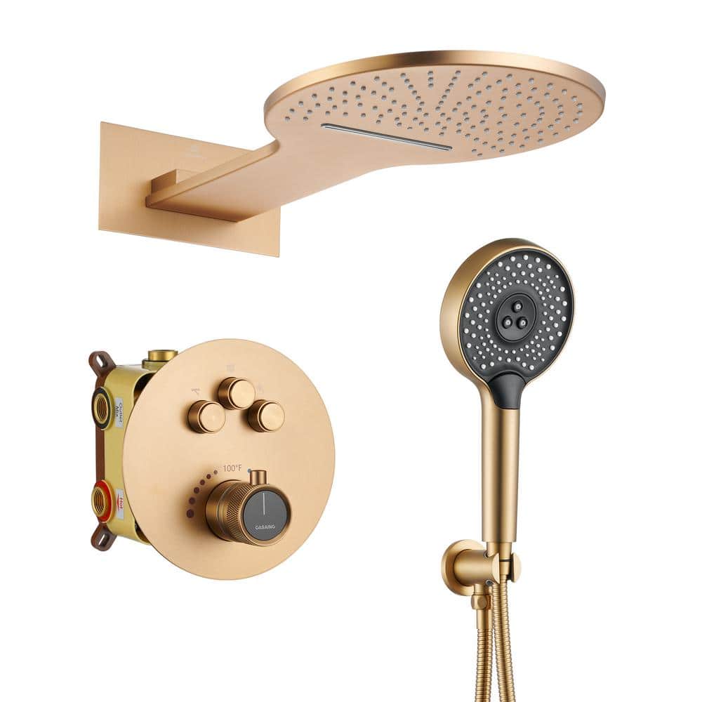 CASAINC Single Handle 3-Spray 2-function Luxury Thermostatic Dual Shower Faucet 2.5 GPM with Waterfall in. Brushed Gold (1)