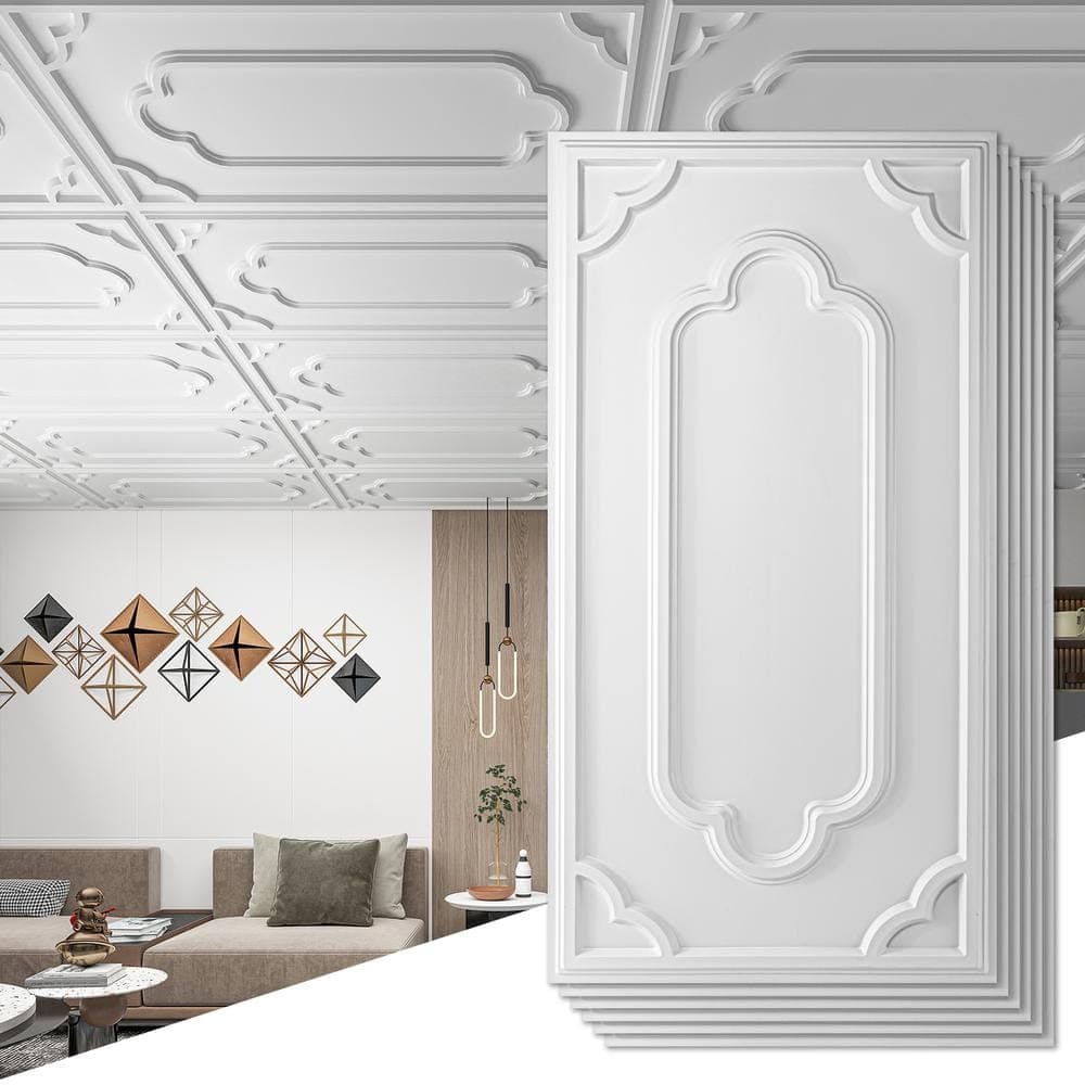 Art3dwallpanels White 2 ft. x 4 ft. Decorative PVC Lay-In/Drop In Ceiling Tile (96 sq.ft./case) (2)