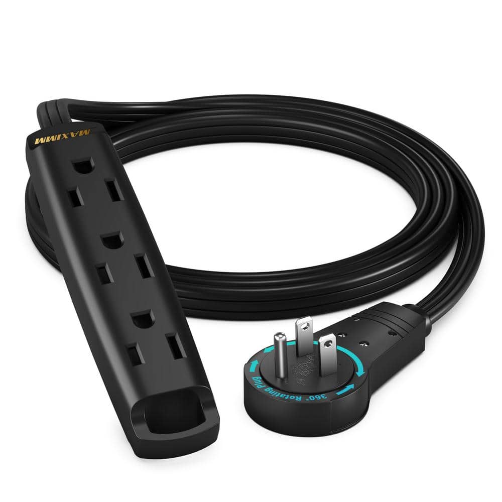 MAXIMM 3 ft. 16/3 Light Duty Indoor Extension Cord 360° Rotating Flat Plug 1-Sided with Loop, Black (1)