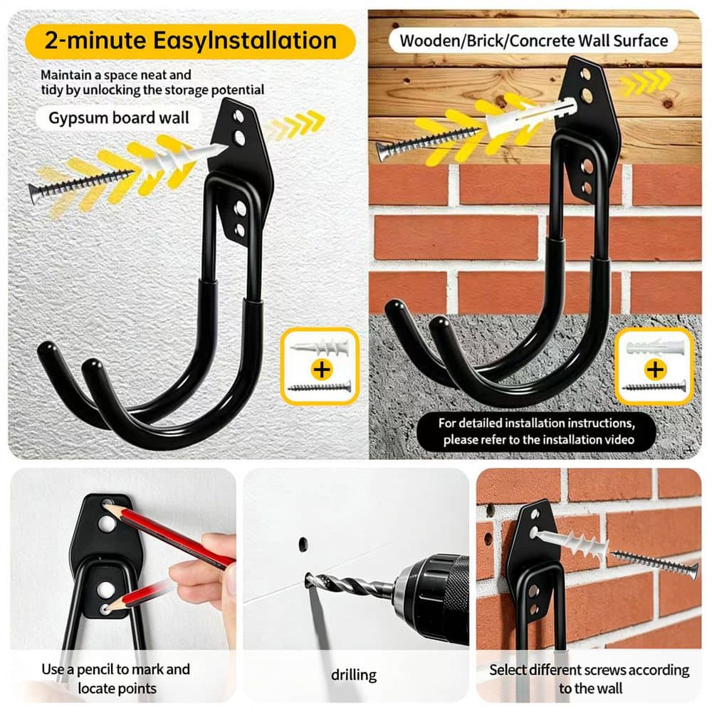 NVNOO Heavy Duty Wall Steel Garage Storage Hooks for Hanging Bike Ladder Garden Tools, Black (16-Pack) (2)