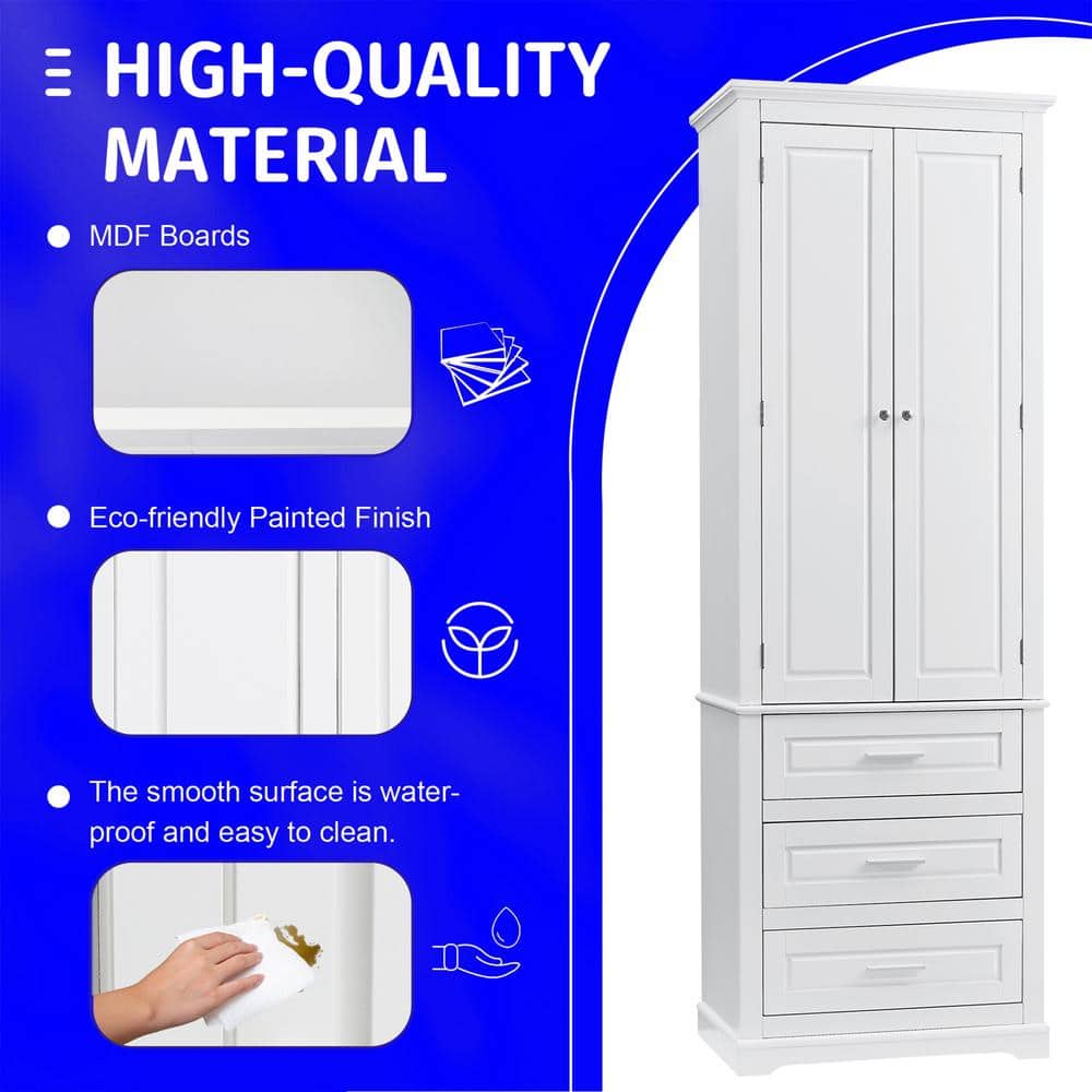 Satico 24.00 in. W x 15.70 in. D x 70.00 in. H MDF White 3-Drawer Freestanding Tall Linen Cabinet in White (3)