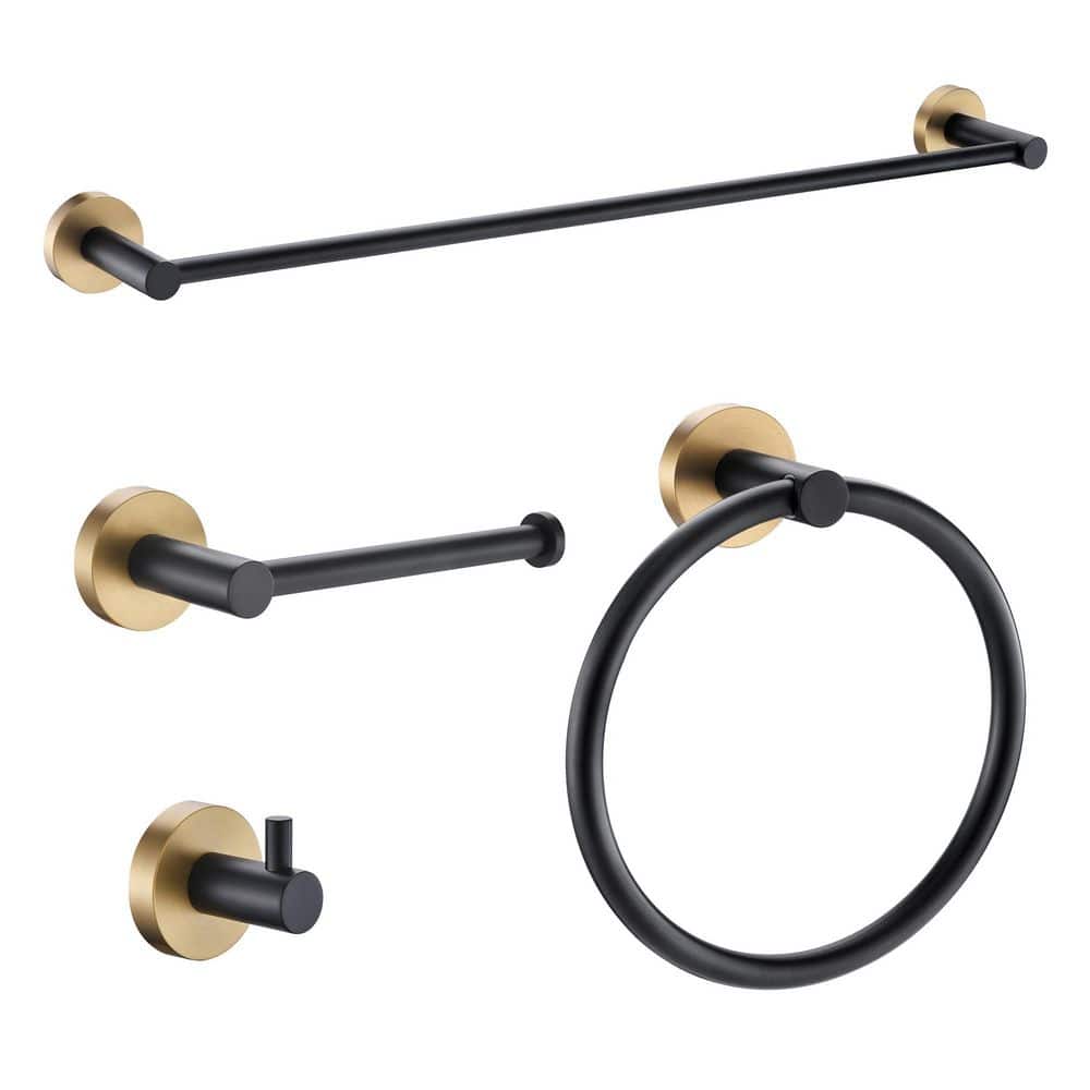 ANZZI 4-Piece Matte Black and Satin Brass Bathroom Accessories Set w/ Towel Bar Towel Hook Toilet Paper Holder and Towel Ring