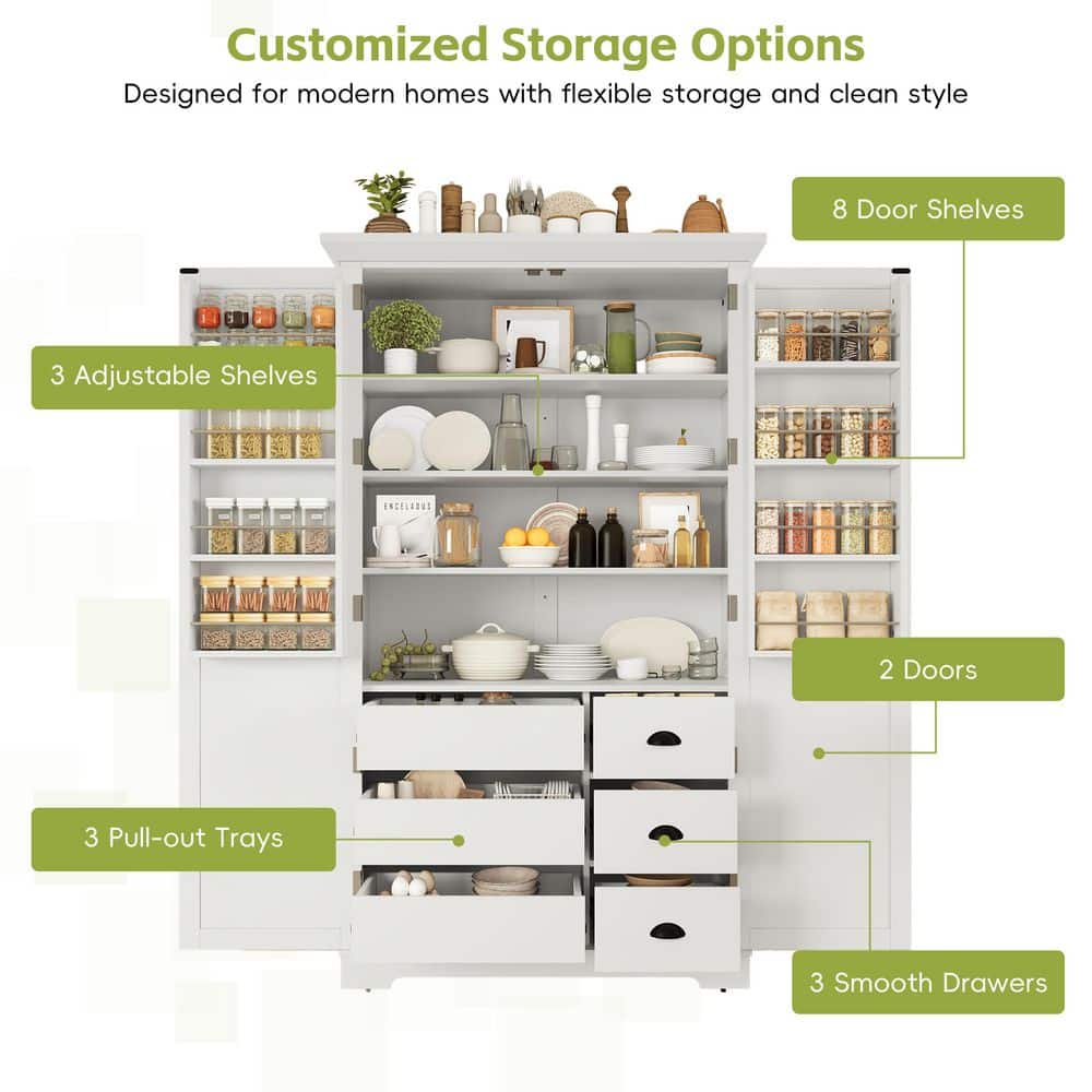 COWLOWN 42 in. W 20 in. D 72 in. H Linen Cabinet Kitchen Pantry with Drawers, Adjustable Shelves and Pull-Out Trays (4)