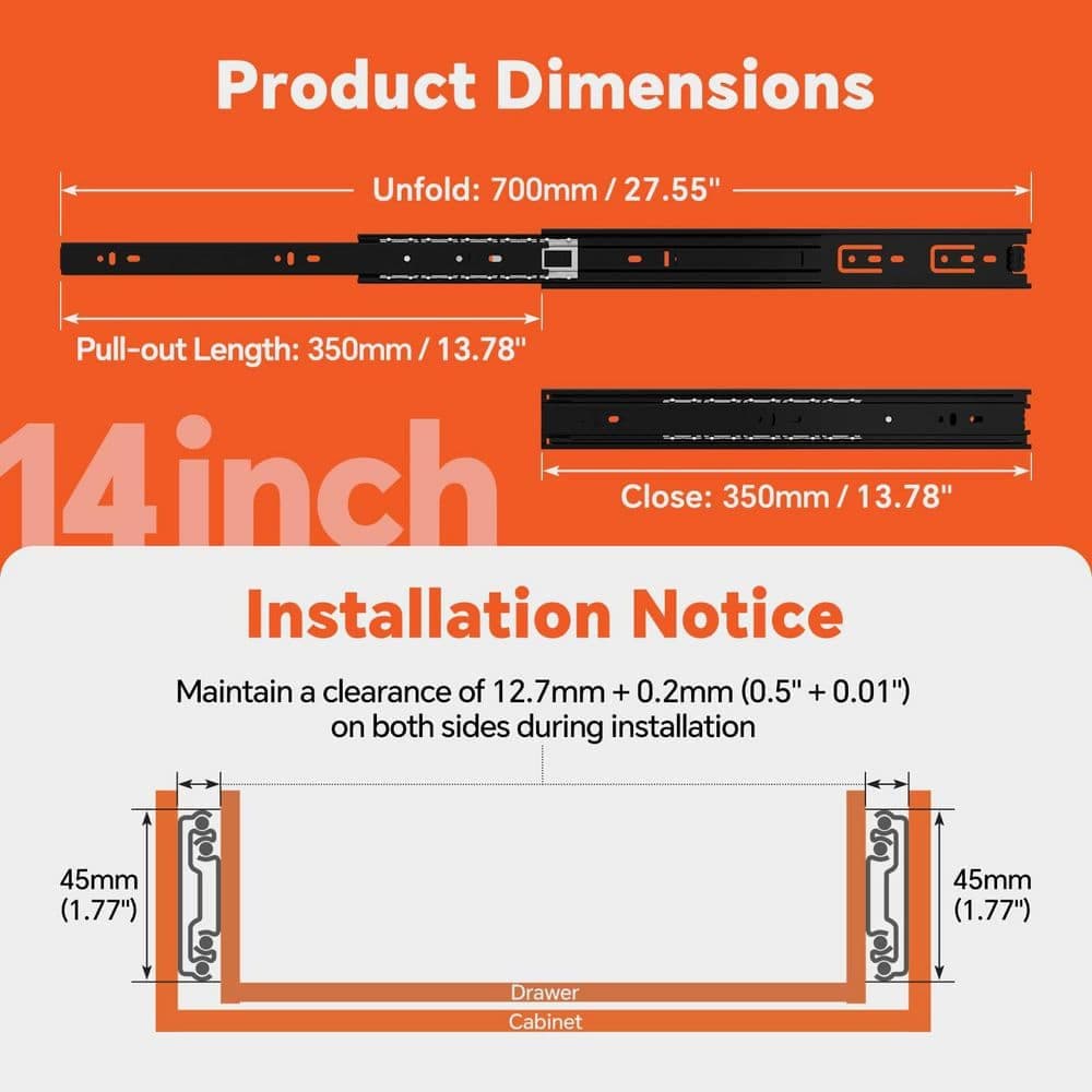 LAIFUCAM Heavy Duty 14 in. Black Cold Rolled Steel Side Mount Full Extension Soft-Close Undermount Drawer Slides 1 Pair (2)