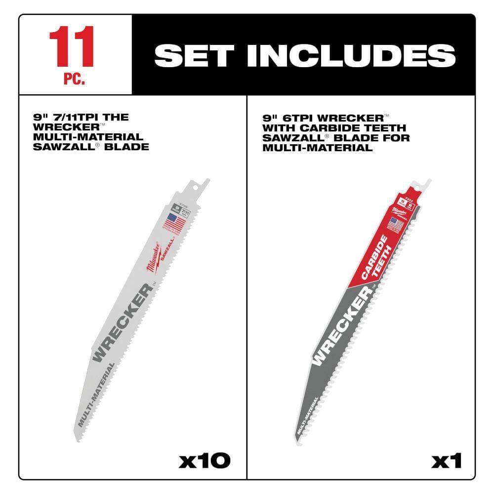 Milwaukee 9 in. 7/11 TPI WRECKER Demo Multi-Material SAWZALL Reciprocating Saw Blades (10-Pk) & 9 in. 6 TPI WRECKER Carbide Blade (2)