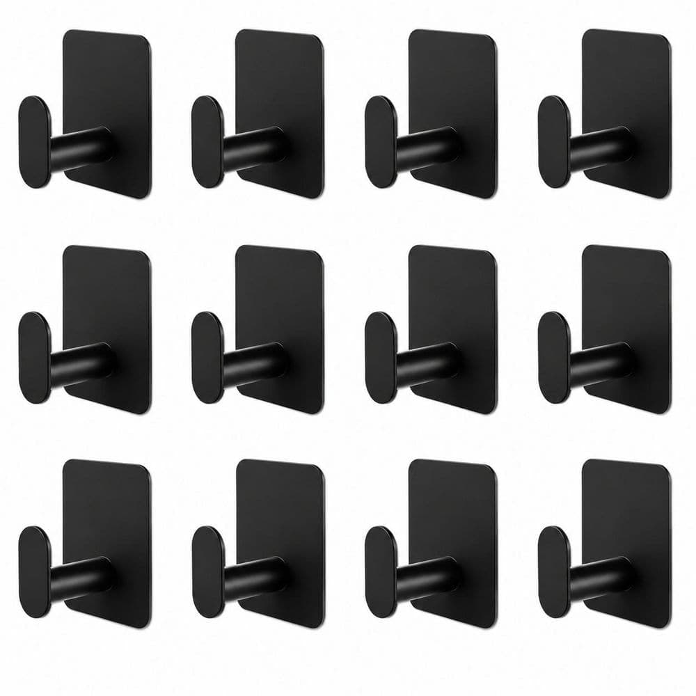 Unbranded J-Hook Hook Type 12 Pack Matte Black Stainless Steel Adhesive Square Robe Hook Towel Hook No Drill Wall Robe Coat