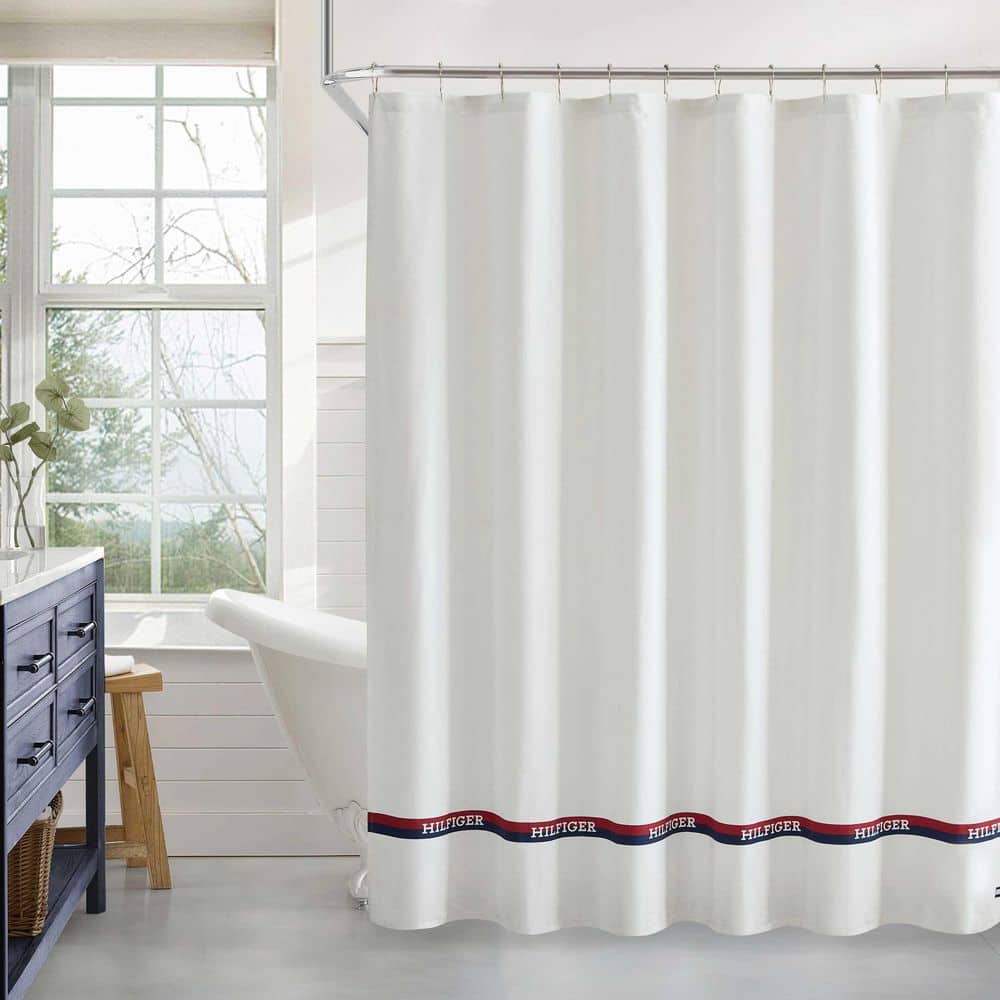 Tommy Hilfiger TH Logo Stripe 1-Piece Deep Blue/Navigator Red Cotton Blend 72X72 Shower Curtain
